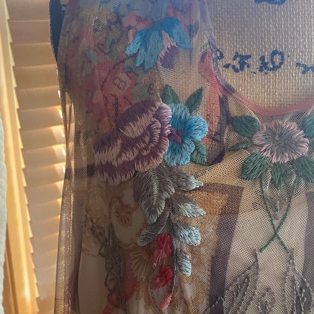 Johnny Was Sheer Floral Midi Dress in Blue, Pink and Cream - Picture 3 of 10